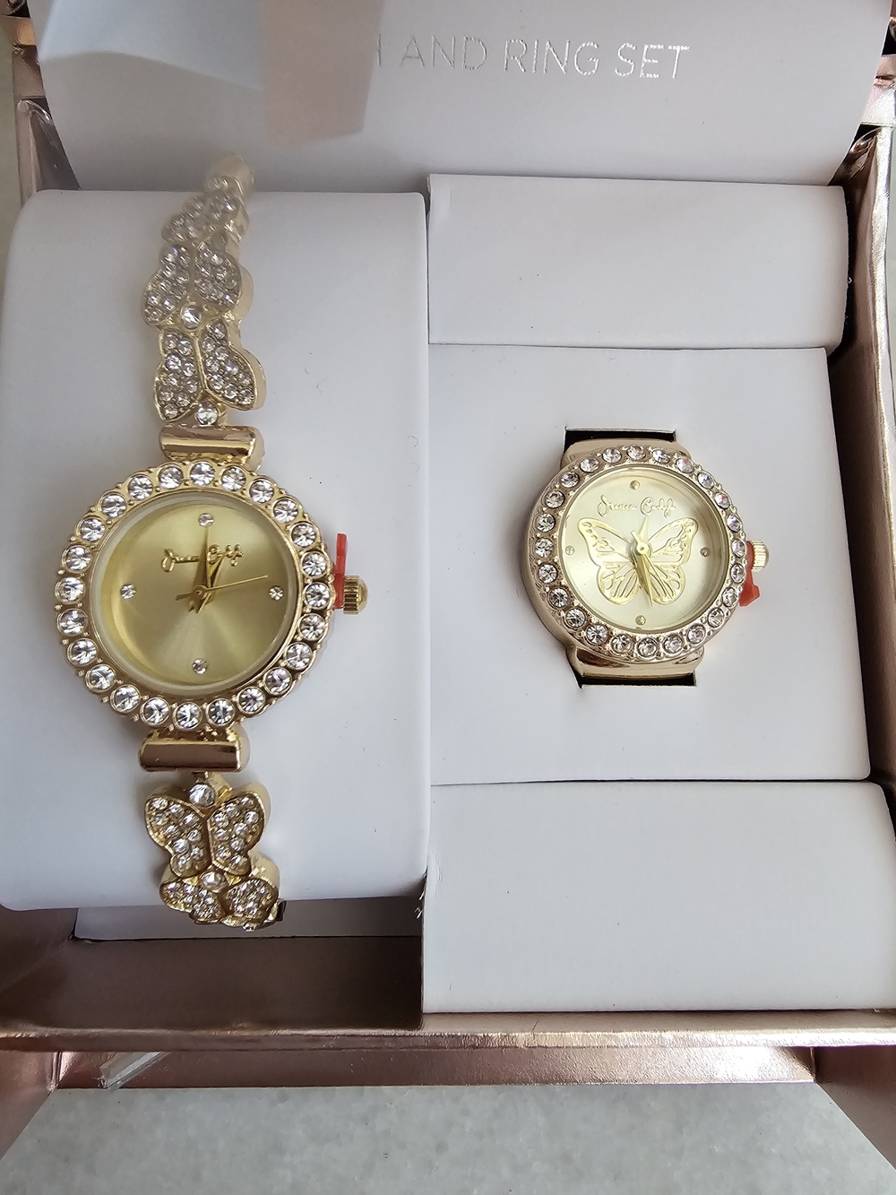 Gold Crystal Butterfly Watch and Ring Set - Women Accessories